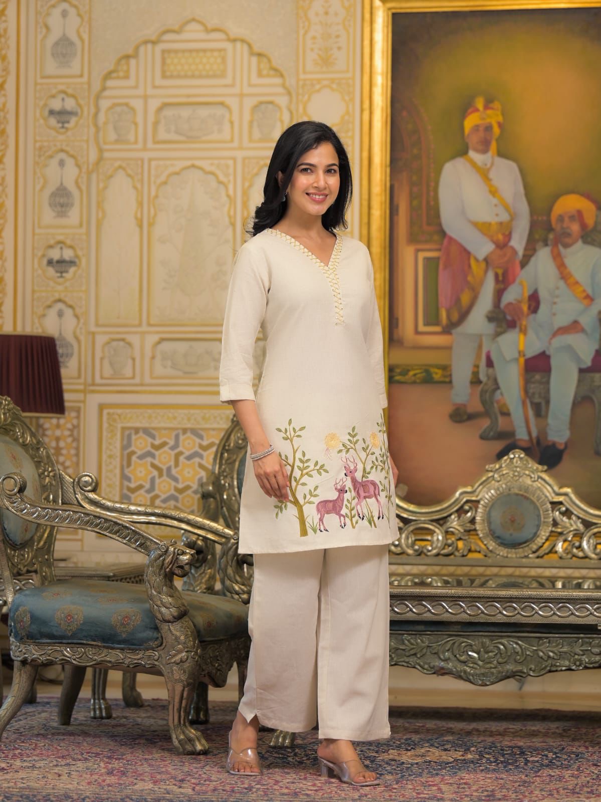 Yellow and White Embroidered Katha Work Co-ord Set