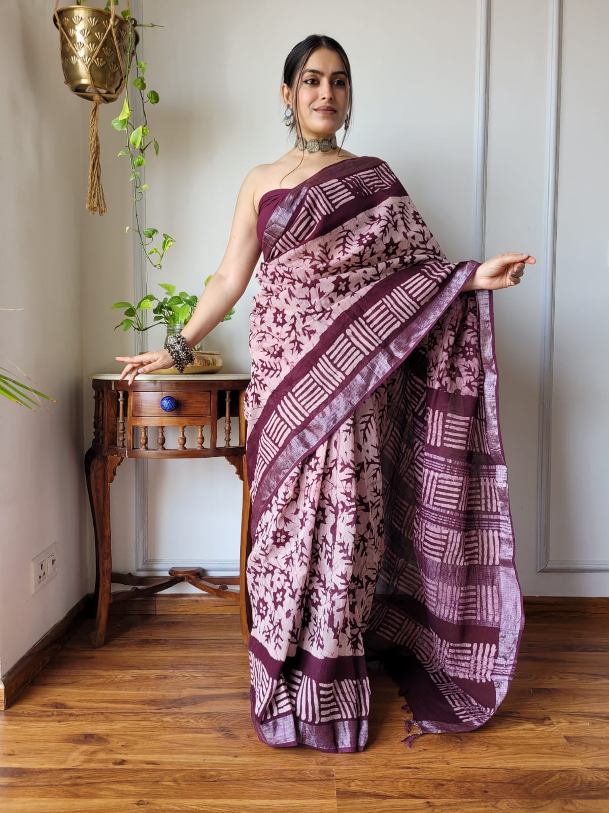 Block Printed Linen Saree