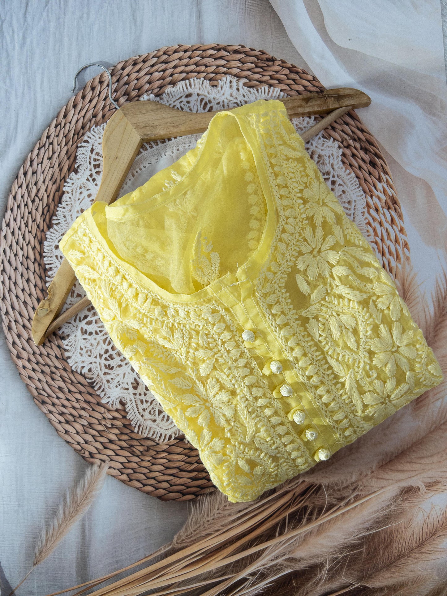 Yellow Chikankari Organza Anarkali
