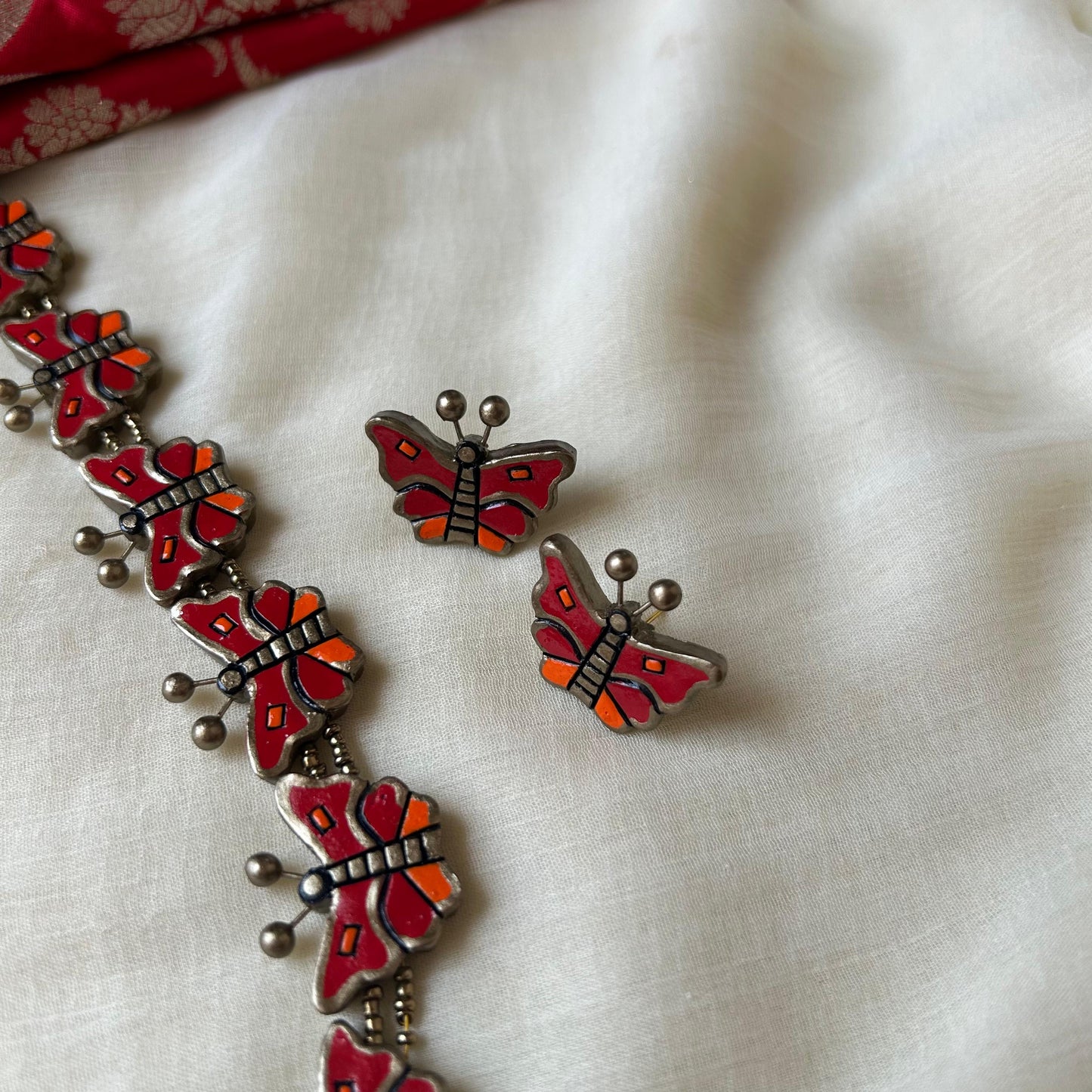 Handmade Butterfly Terracotta Necklace Set with Earrings