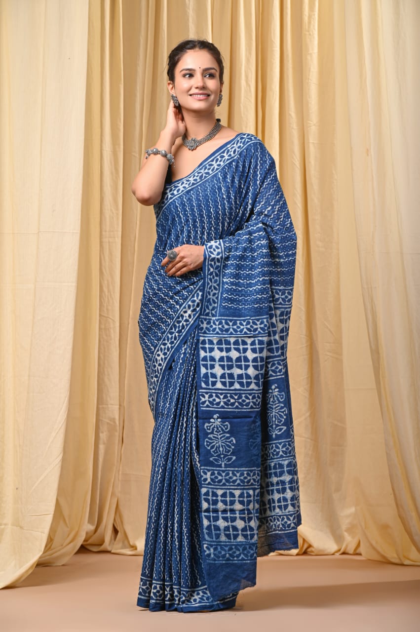Indigo Hand Block Print Mul Cotton Saree