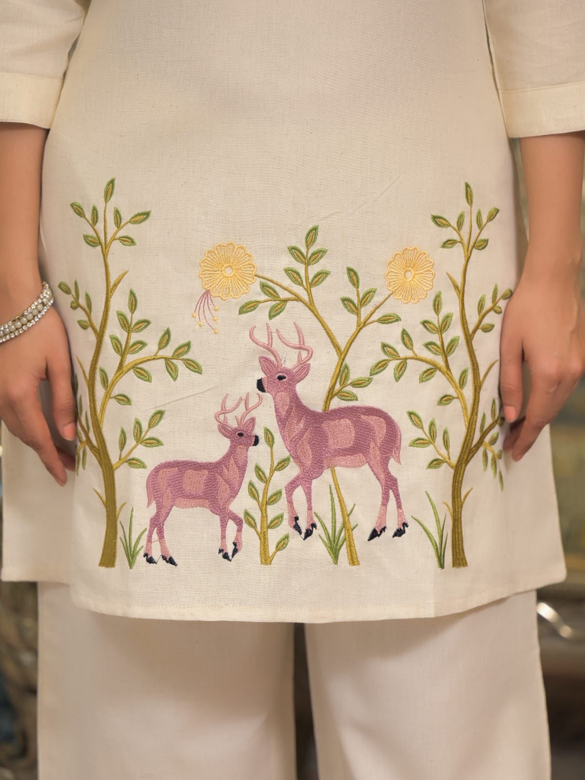 Yellow and White Embroidered Katha Work Co-ord Set