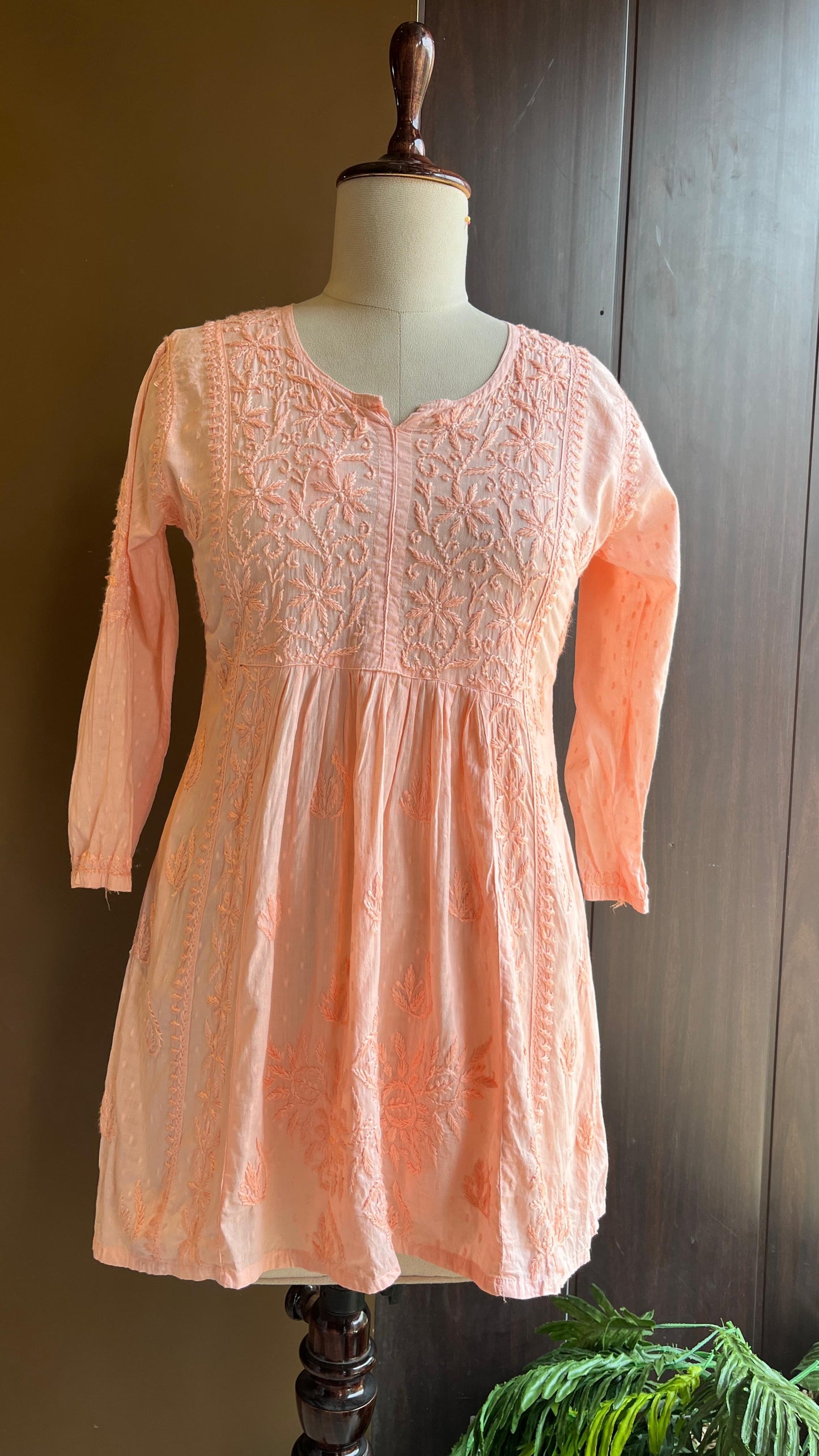 Peach Mul Peplum Chikankari Cotton Top