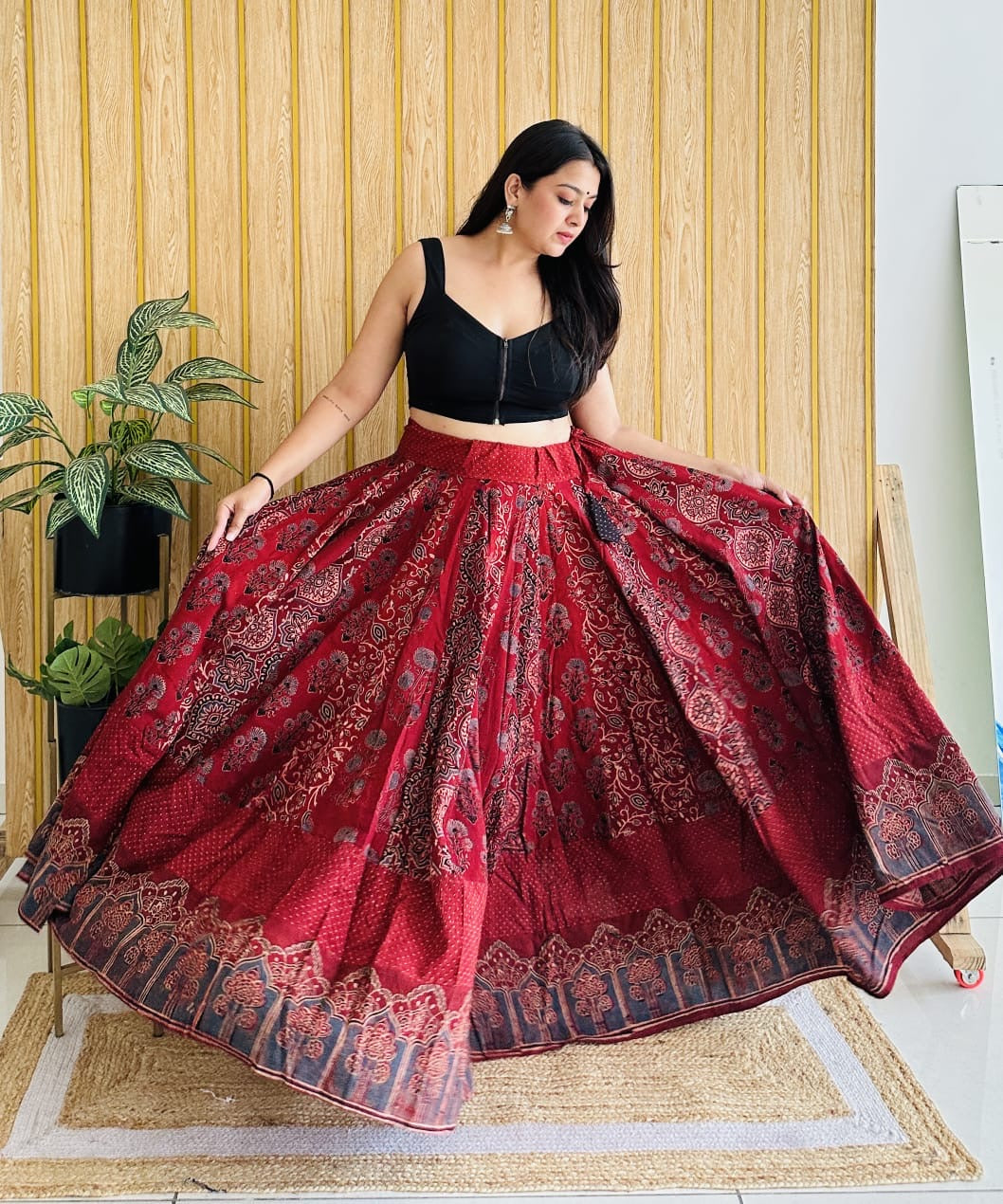 Handblock Ajrakh Print Cotton Skirt