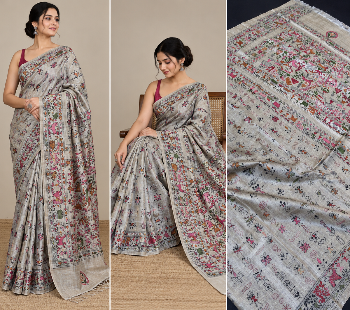 Pure Tussar Silk Katha Marwahi Saree