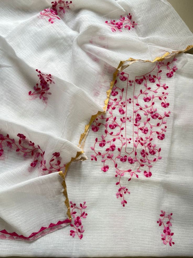 Kota Cotton Hand Floral Appliqué Work Kurta and Duppata