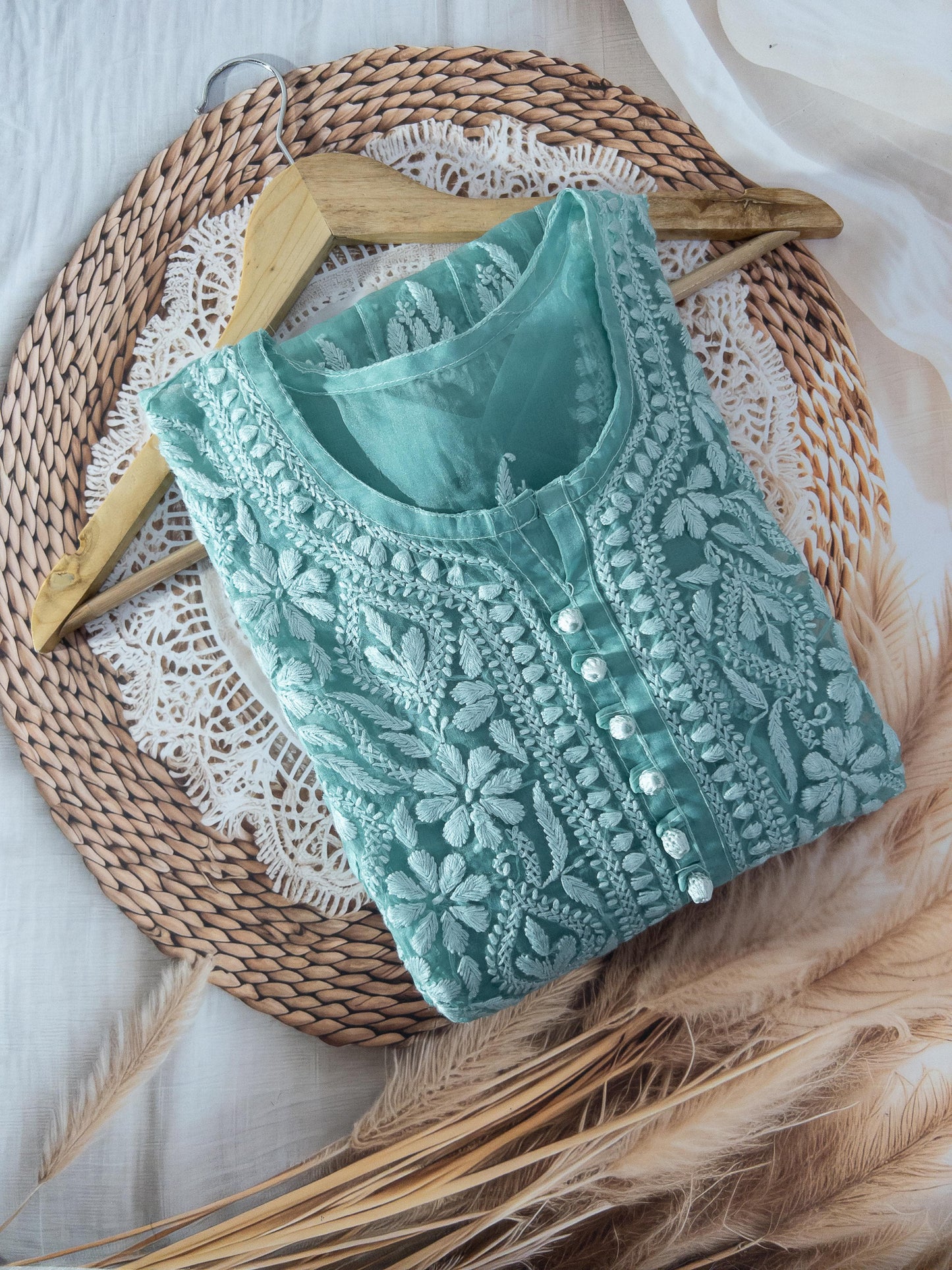 Teal Chikankari Organza Anarkali