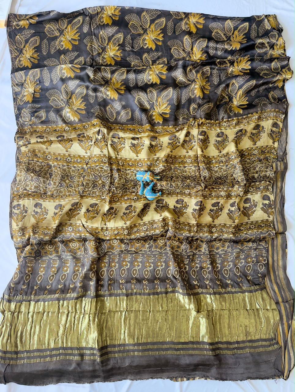 Pure Lagdi Patta Modal Gajji Silk Saree with Ajrakh & Bagru Prints