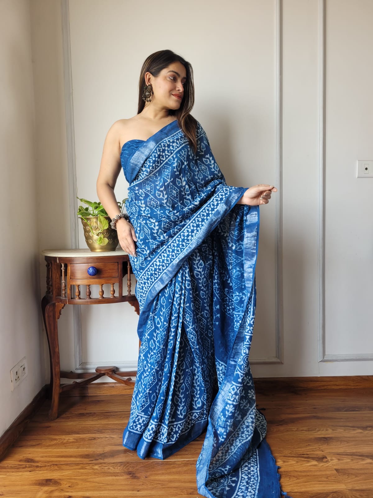 Block Printed Linen Saree