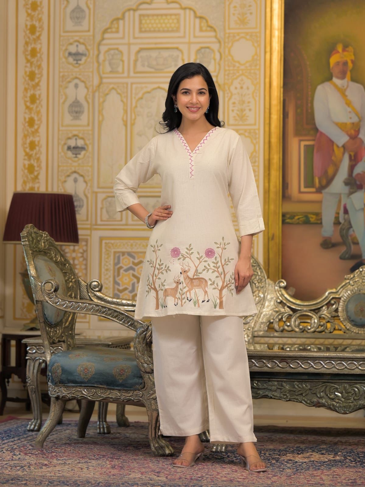 Pink and White Embroidered Katha Work Co-ord Set