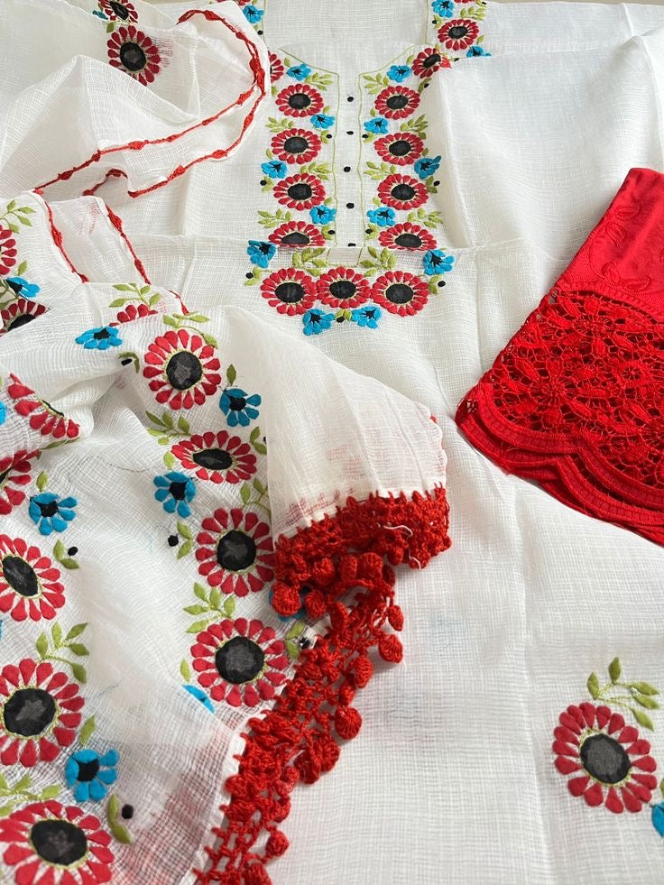 Kota Cotton Hand Floral Appliqué Work Kurta and Duppata