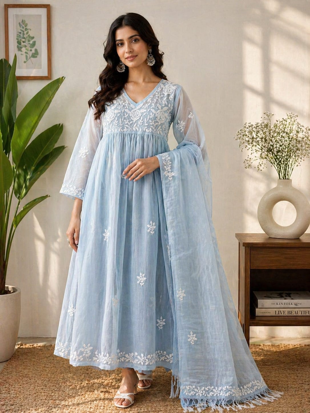 Pure MulMul Chikankari Gown with Dupatta