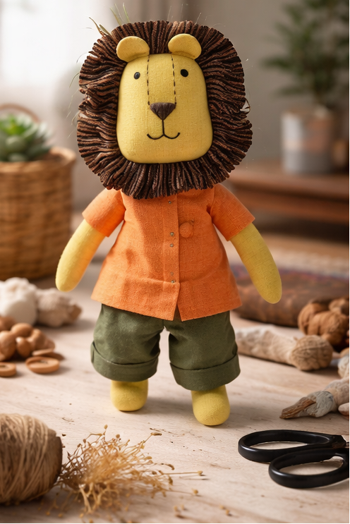 Collage of a plush lion toy in various settings with a cozy home background.