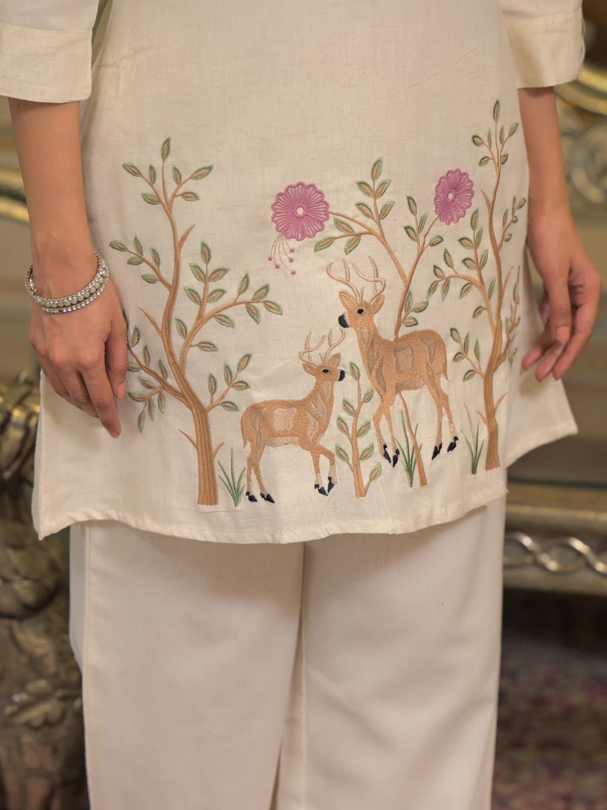 Pink and White Embroidered Katha Work Co-ord Set