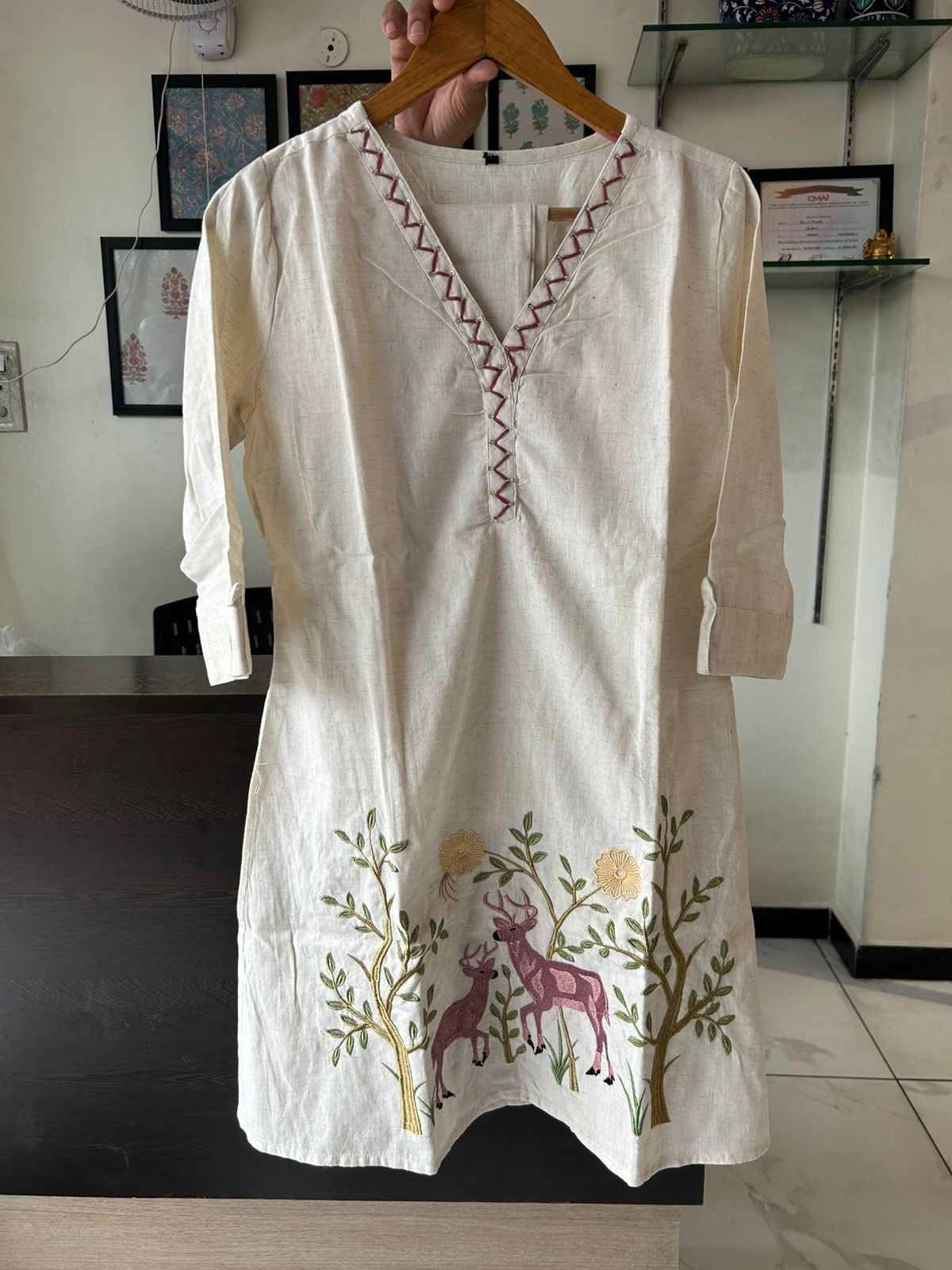 Yellow and White Embroidered Katha Work Co-ord Set