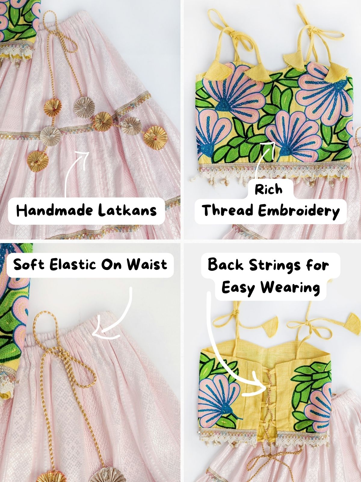 Collage of a floral top with text highlighting features like handmade latkans, rich thread embroidery, soft elastic on waist, and back strings for easy wearing.