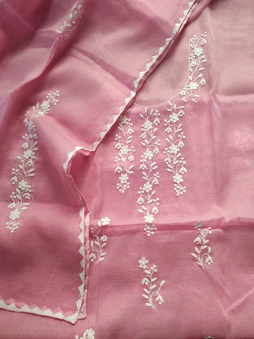 Kota Cotton Hand Floral Appliqué Work Kurta and Duppata
