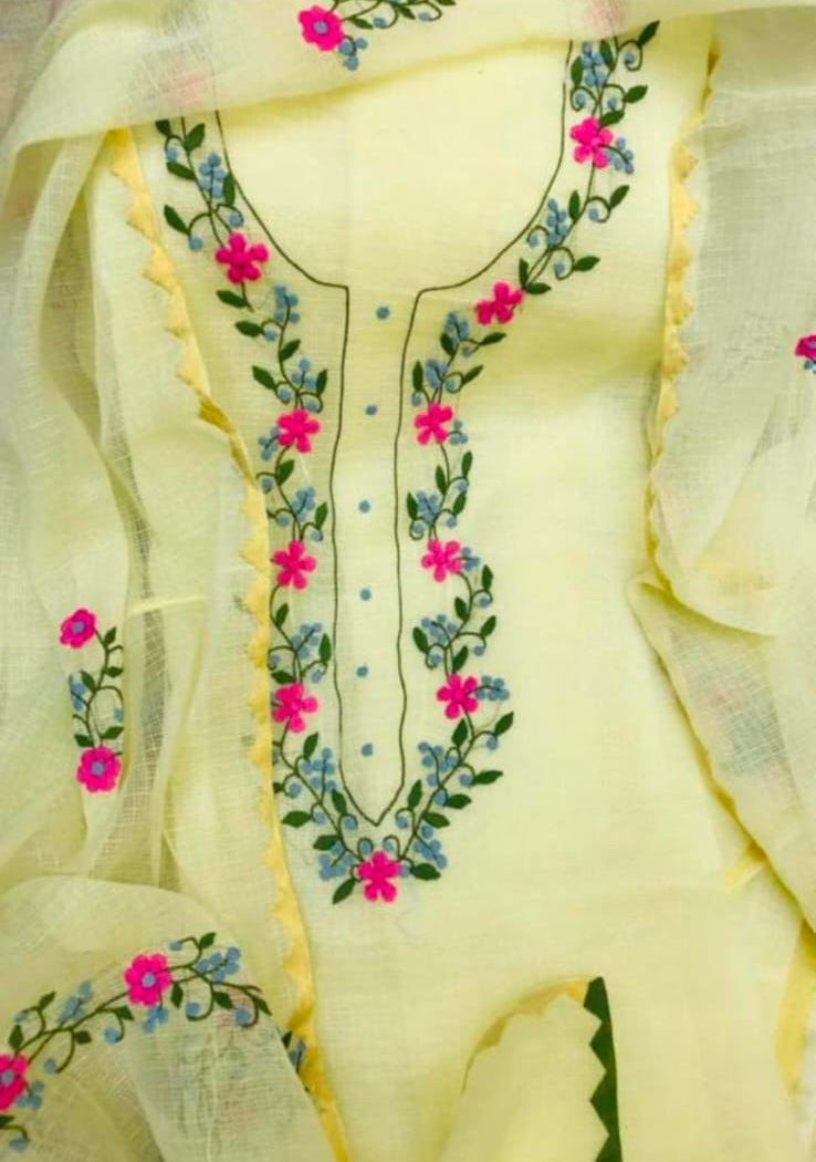 Kota Cotton Hand Floral Appliqué Work Kurta and Duppata
