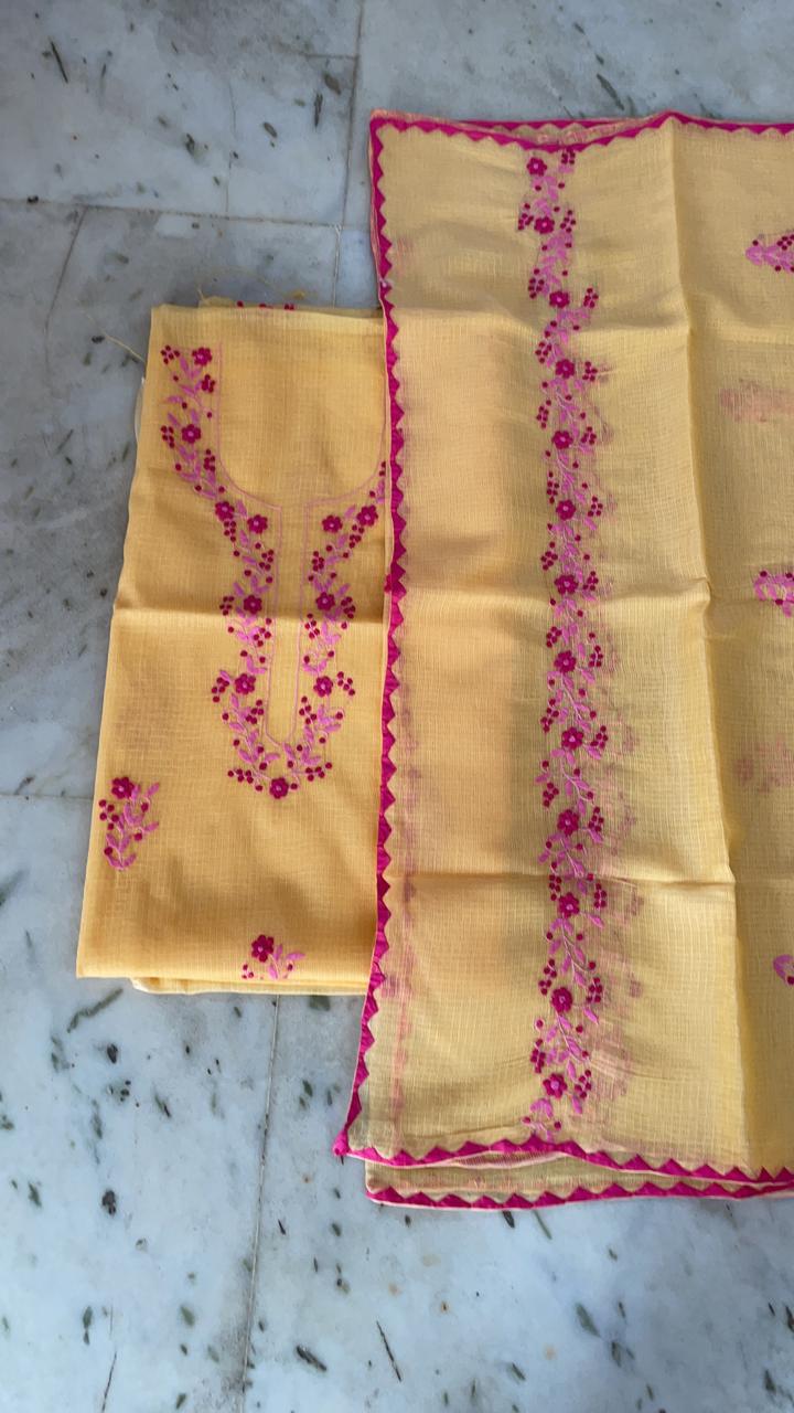 Kota Cotton Hand Floral Appliqué Work Kurta and Duppata