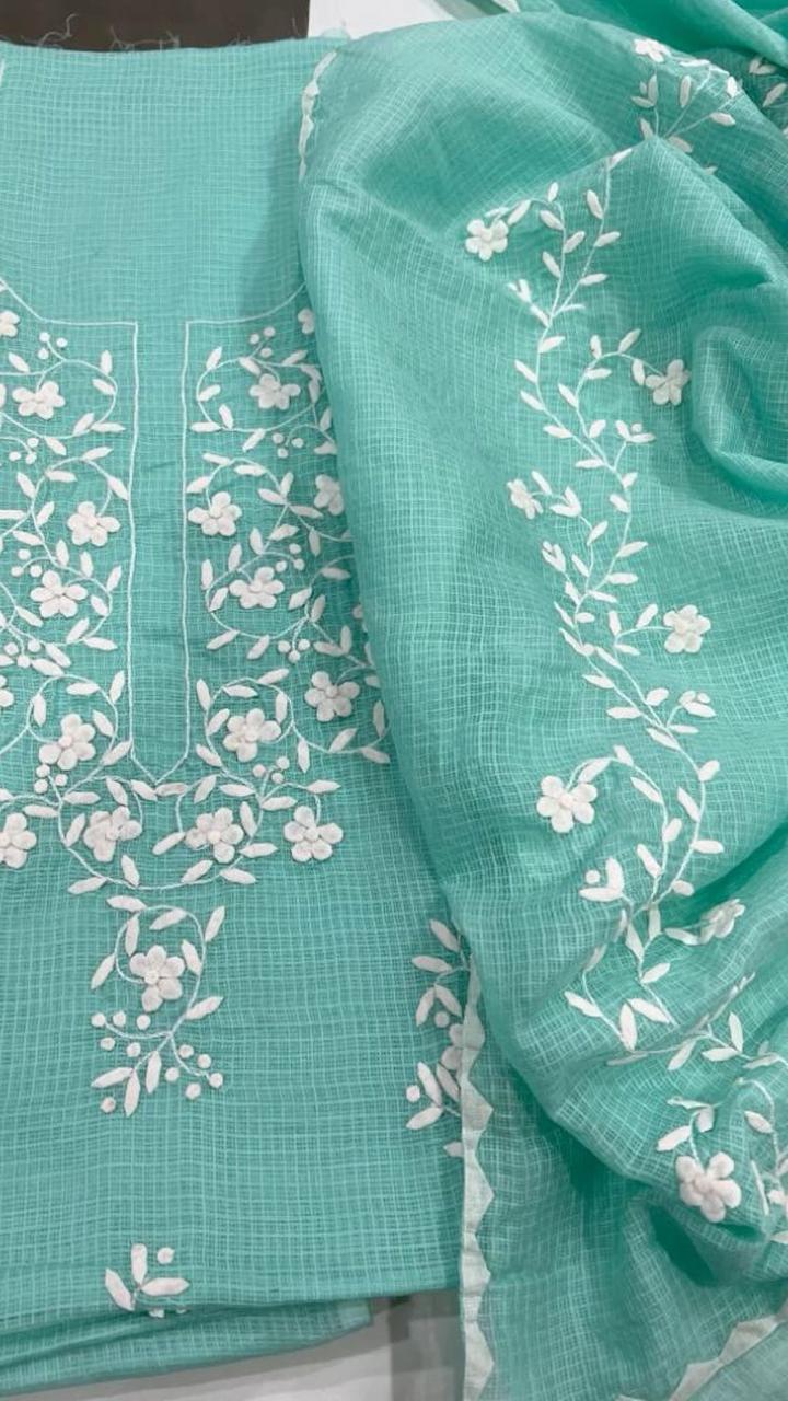 Kota Cotton Hand Floral Appliqué Work Kurta and Duppata