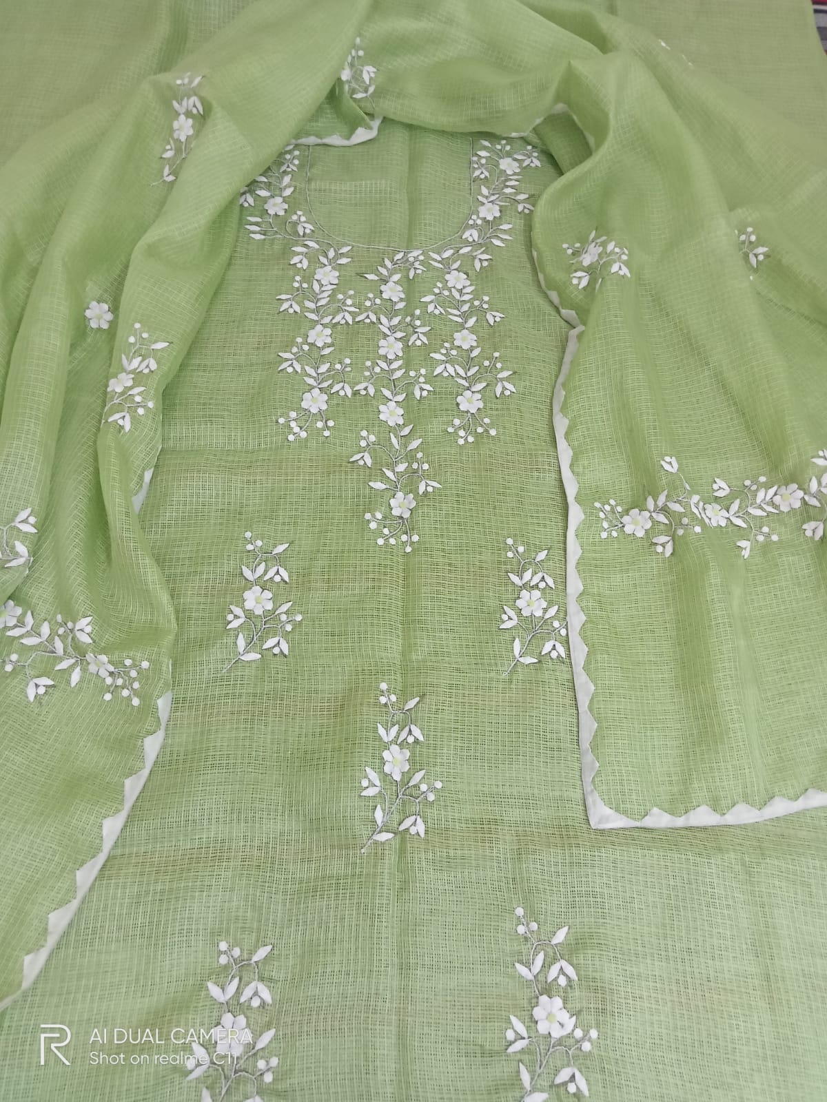 Kota Cotton Hand Floral Appliqué Work Kurta and Duppata