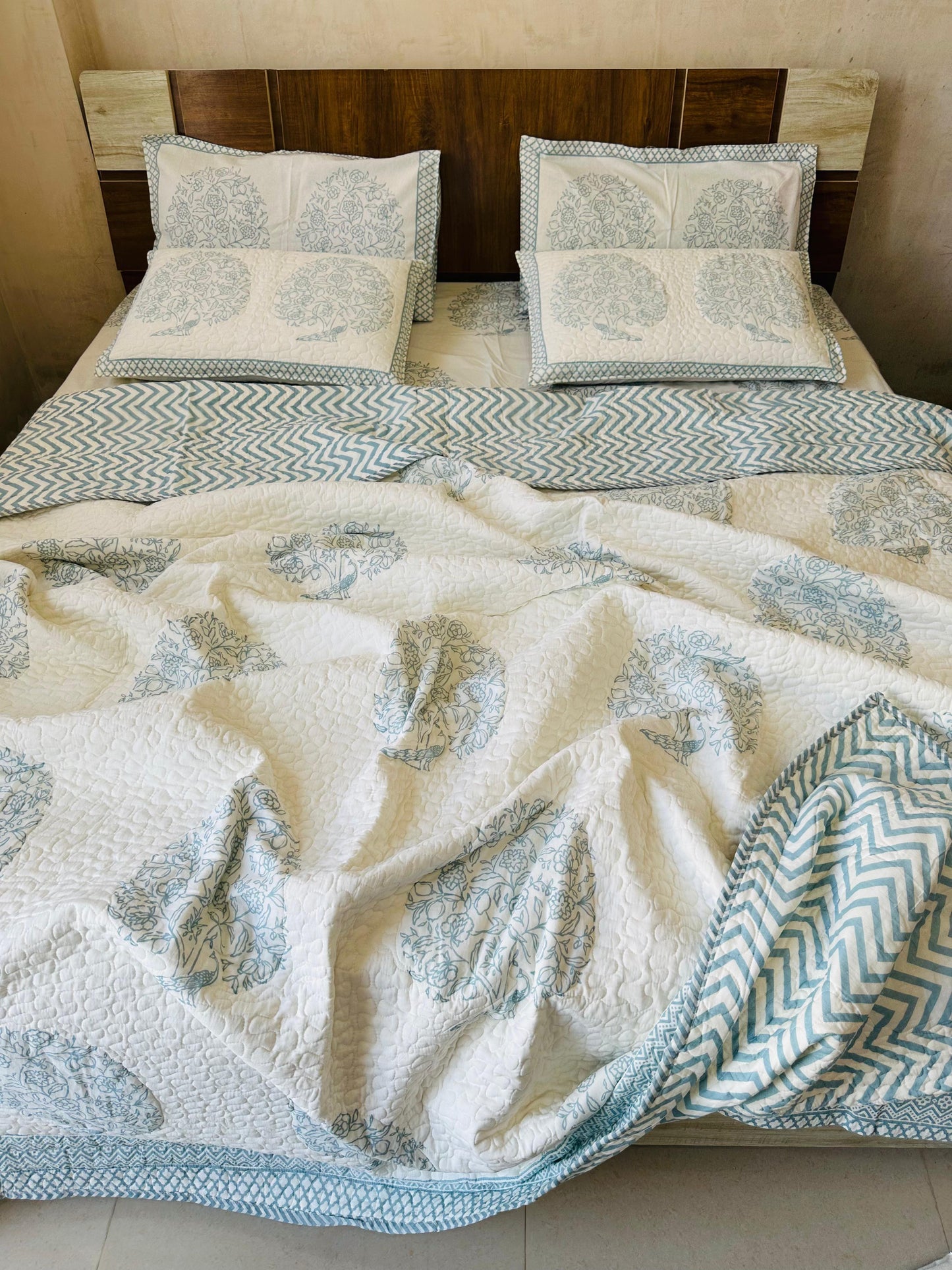 King Size Hand Block Double Bed Pure Cotton Quilted Comforter Set with Bedsheet & Pillow Covers