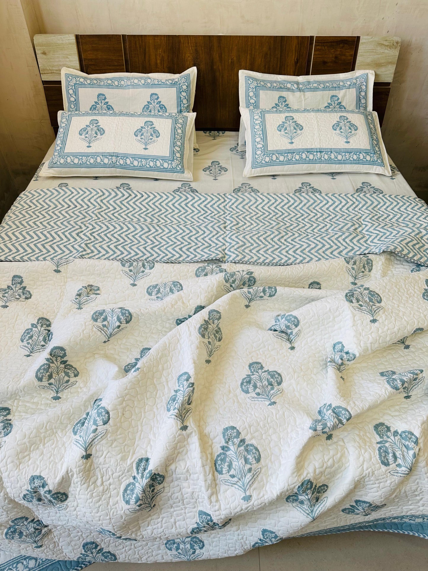 King Size Hand Block Double Bed Pure Cotton Quilted Comforter Set with Bedsheet & Pillow Covers