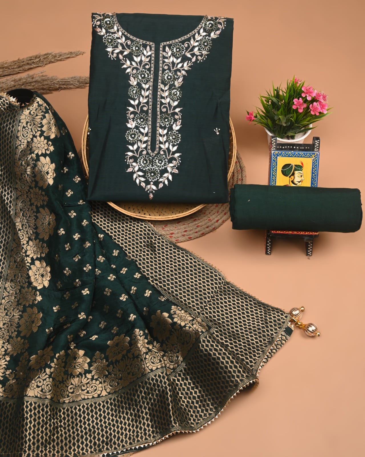 Chanderi Silk Suit With Dola / Chiffon Dupatta