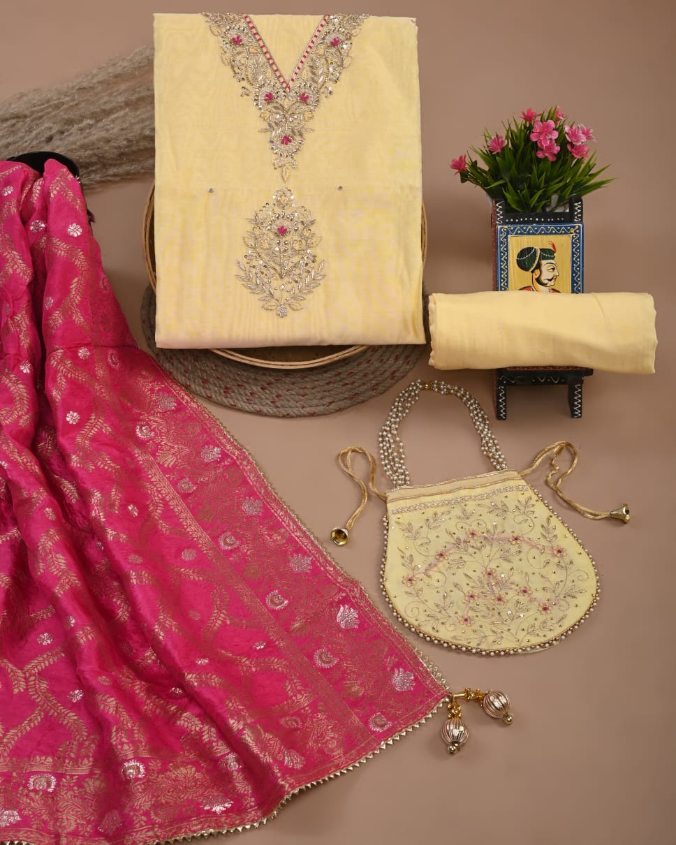 Chanderi Silk Suit With Dola / Chiffon Dupatta