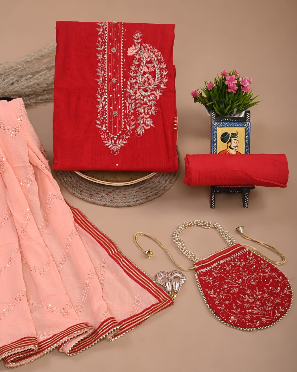 Chanderi Silk Suit With Dola / Chiffon Dupatta