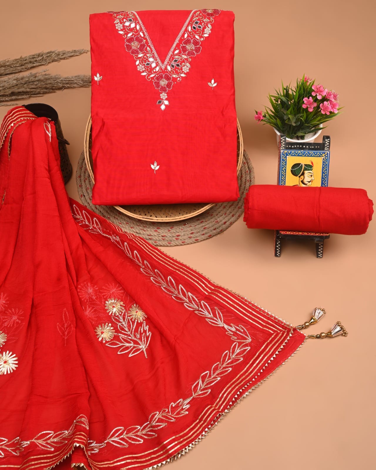 Chanderi Silk Suit With Dola / Chiffon Dupatta