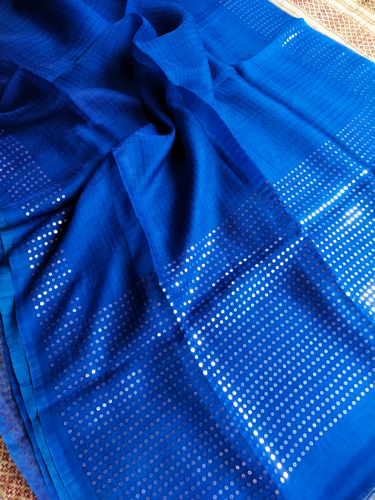 Blue Pure Muslin Sequinced Jamdani Saree with Matka Silk Blouse Piece