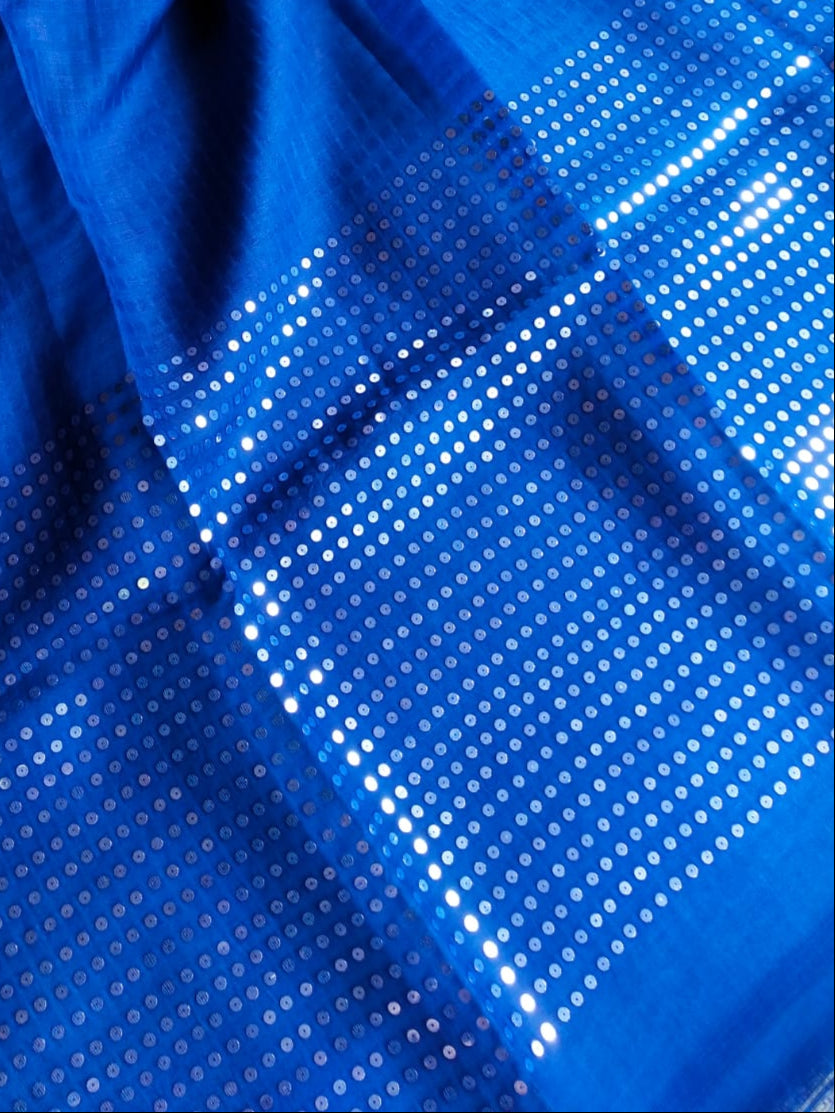 Blue Pure Muslin Sequinced Jamdani Saree with Matka Silk Blouse Piece