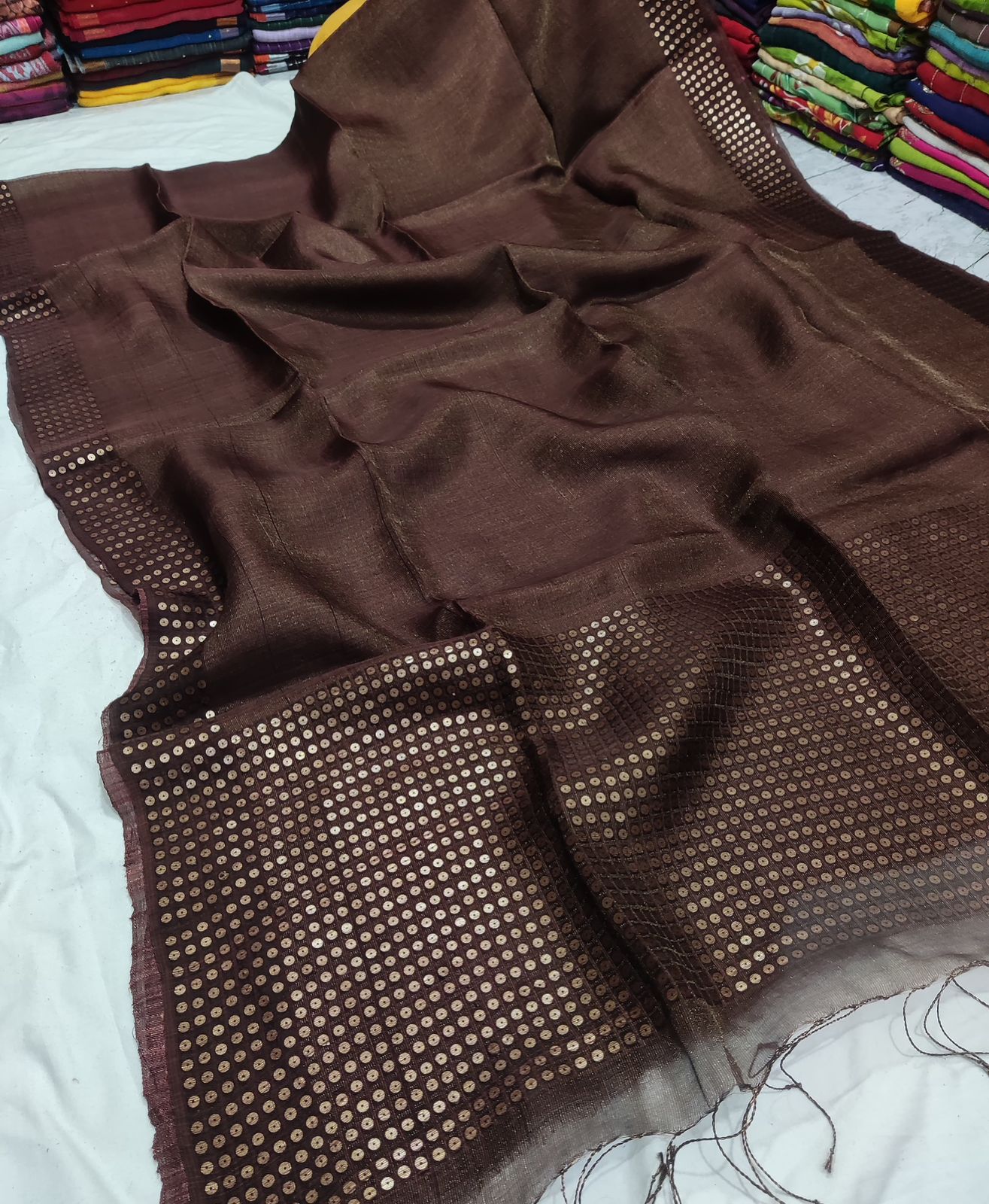 Brown Pure Muslin Sequinced Jamdani Saree with Matka Silk Blouse Piece