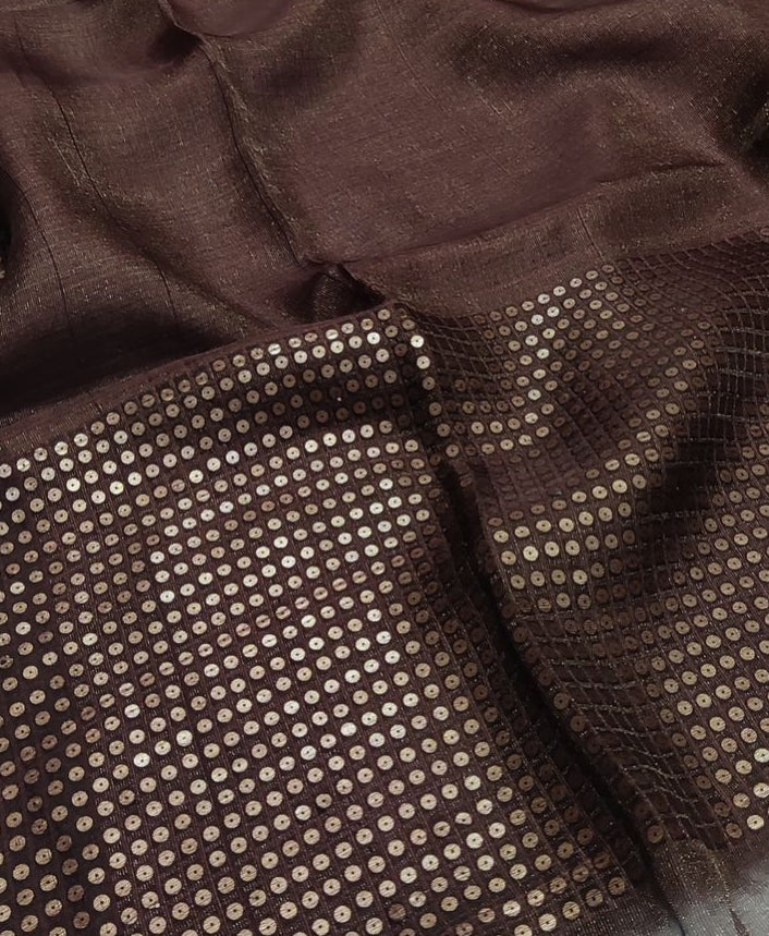Brown Pure Muslin Sequinced Jamdani Saree with Matka Silk Blouse Piece