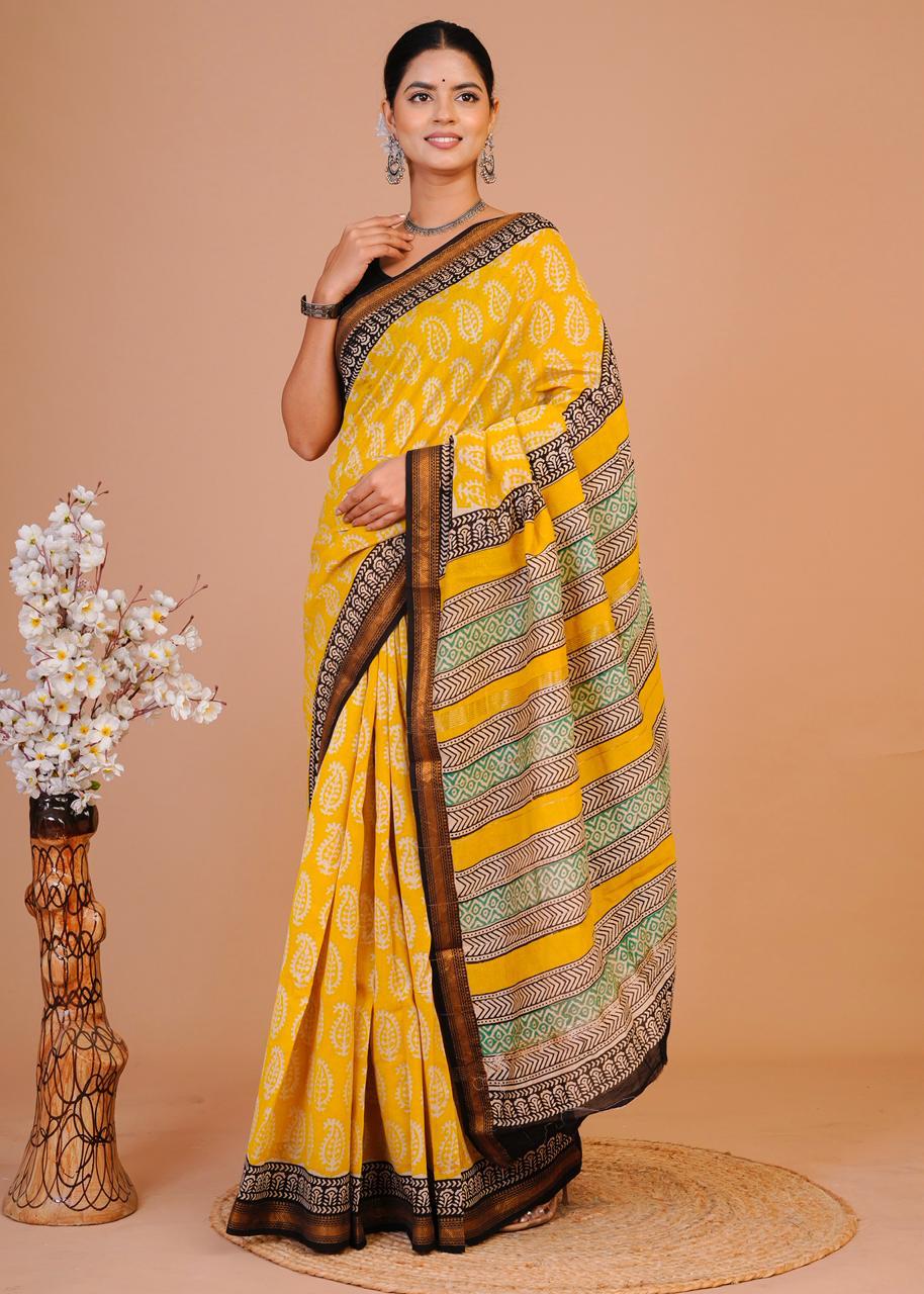 Hand Block Print Maheshwari Silk Saree