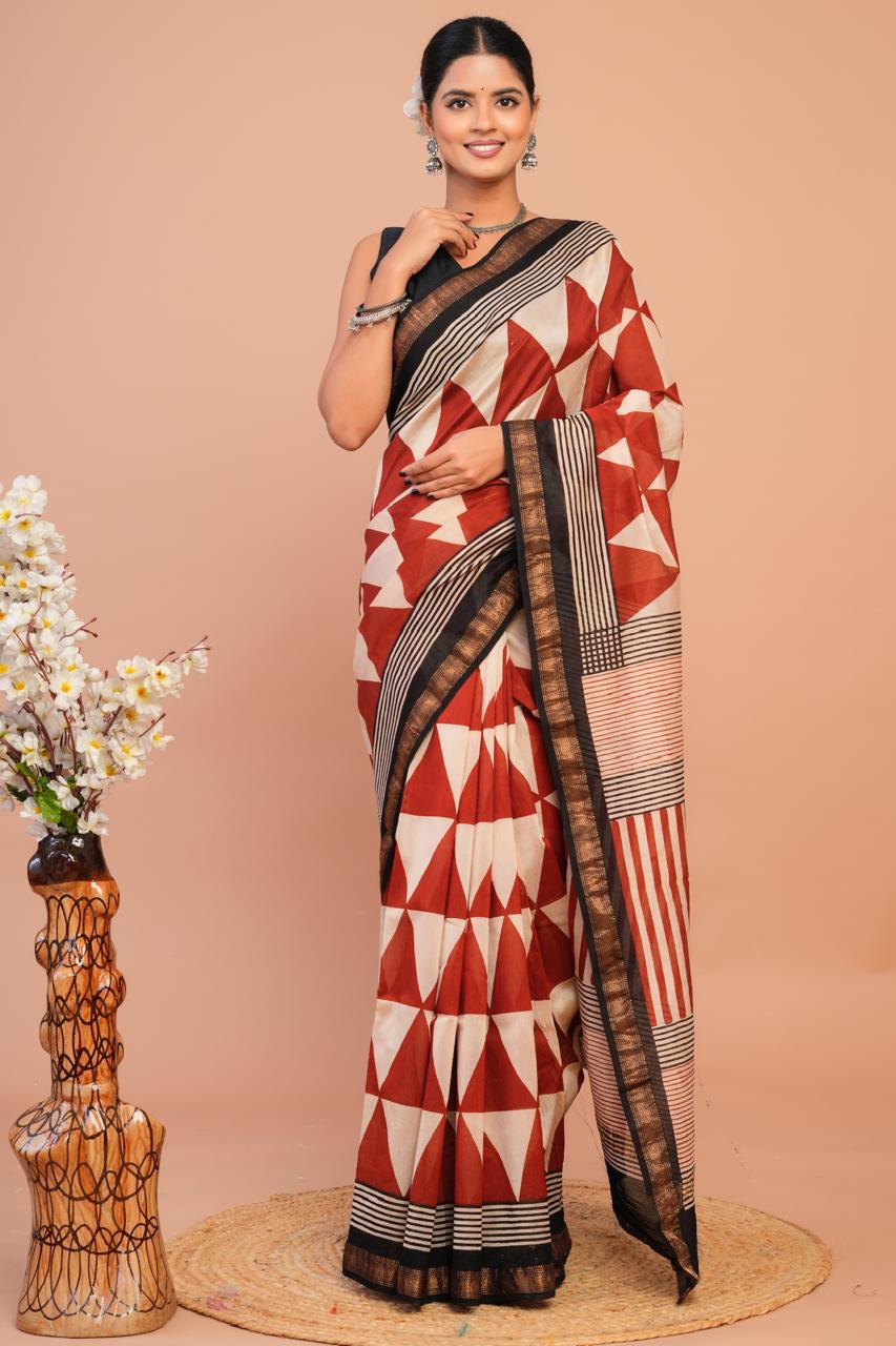 Hand Block Print Maheshwari Silk Saree