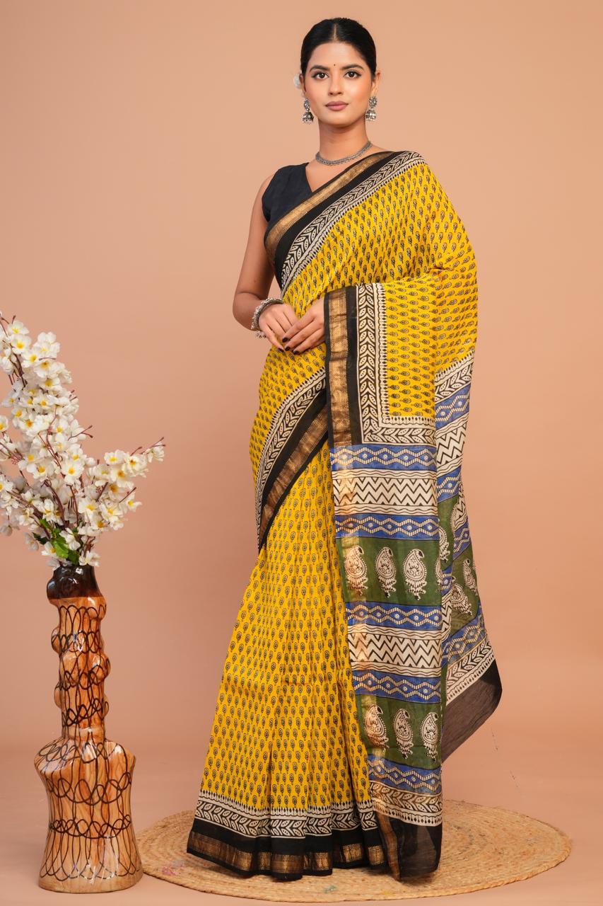 Hand Block Print Maheshwari Silk Saree
