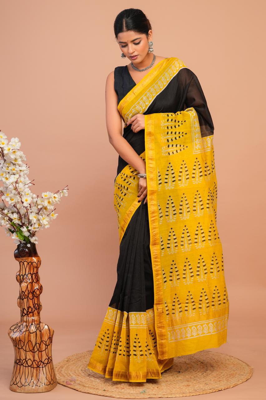 Hand Block Print Maheshwari Silk Saree