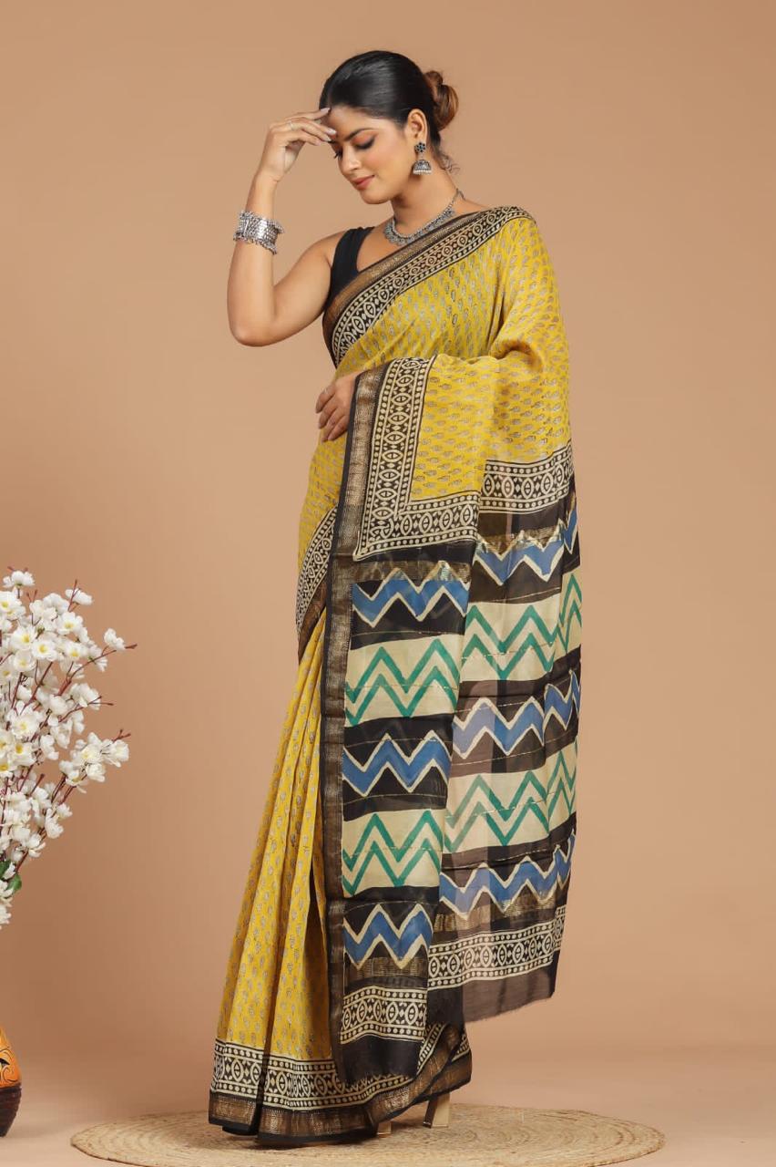 Hand Block Print Maheshwari Silk Saree