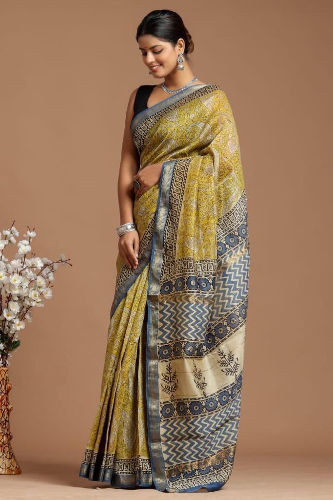 Hand Block Print Maheshwari Silk Saree