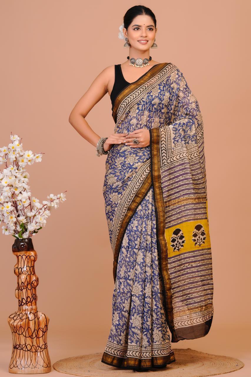 Hand Block Print Maheshwari Silk Saree