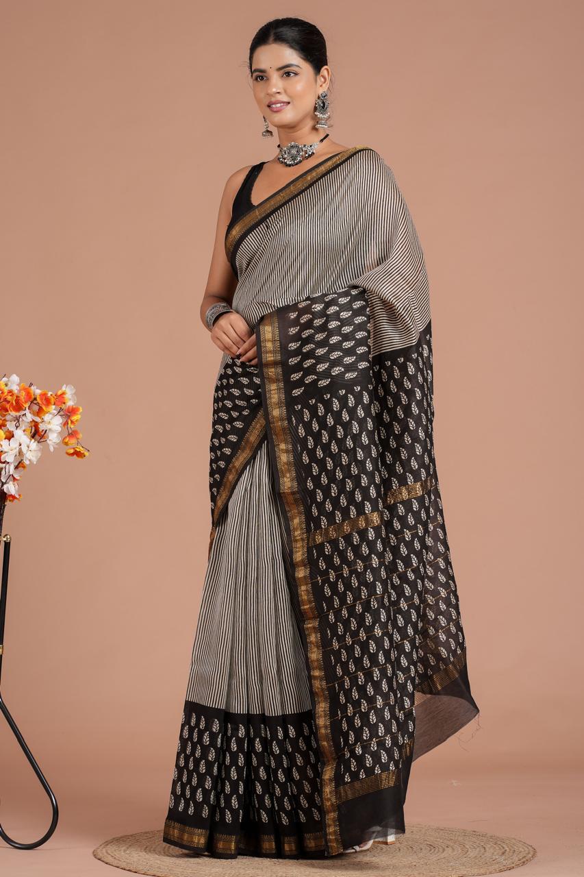 Hand Block Print Maheshwari Silk Saree