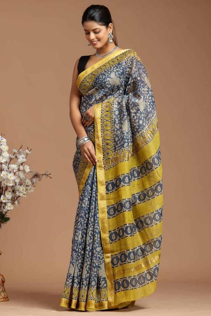 Hand Block Print Maheshwari Silk Saree