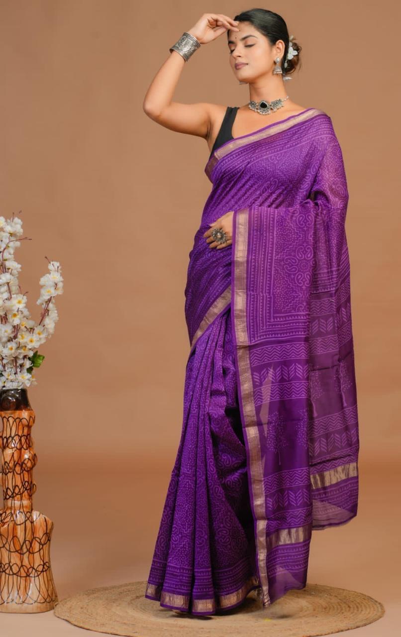 Hand Block Print Maheshwari Silk Saree
