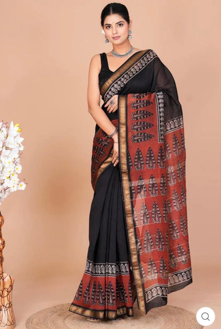 Hand Block Print Maheshwari Silk Saree