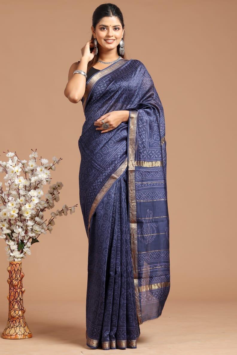 Hand Block Print Maheshwari Silk Saree