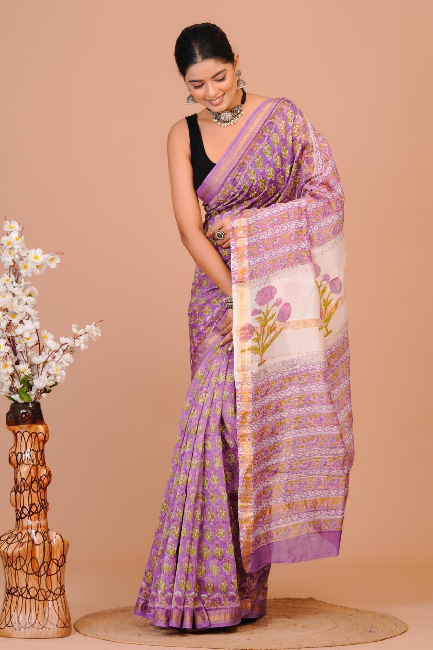 Hand Block Print Maheshwari Silk Saree
