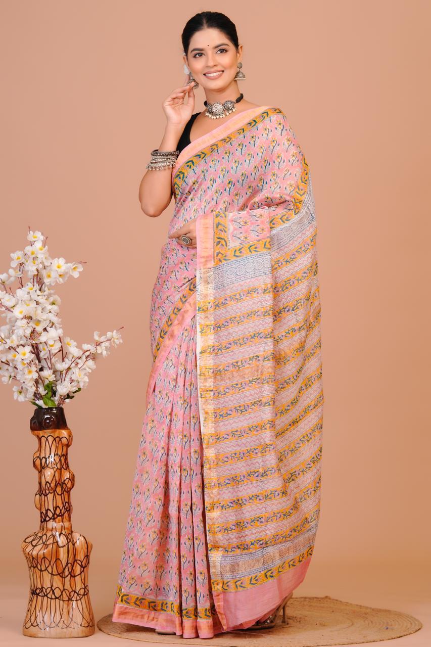 Hand Block Print Maheshwari Silk Saree