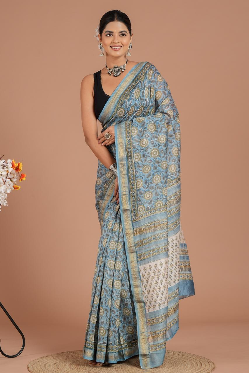 Hand Block Print Maheshwari Silk Saree